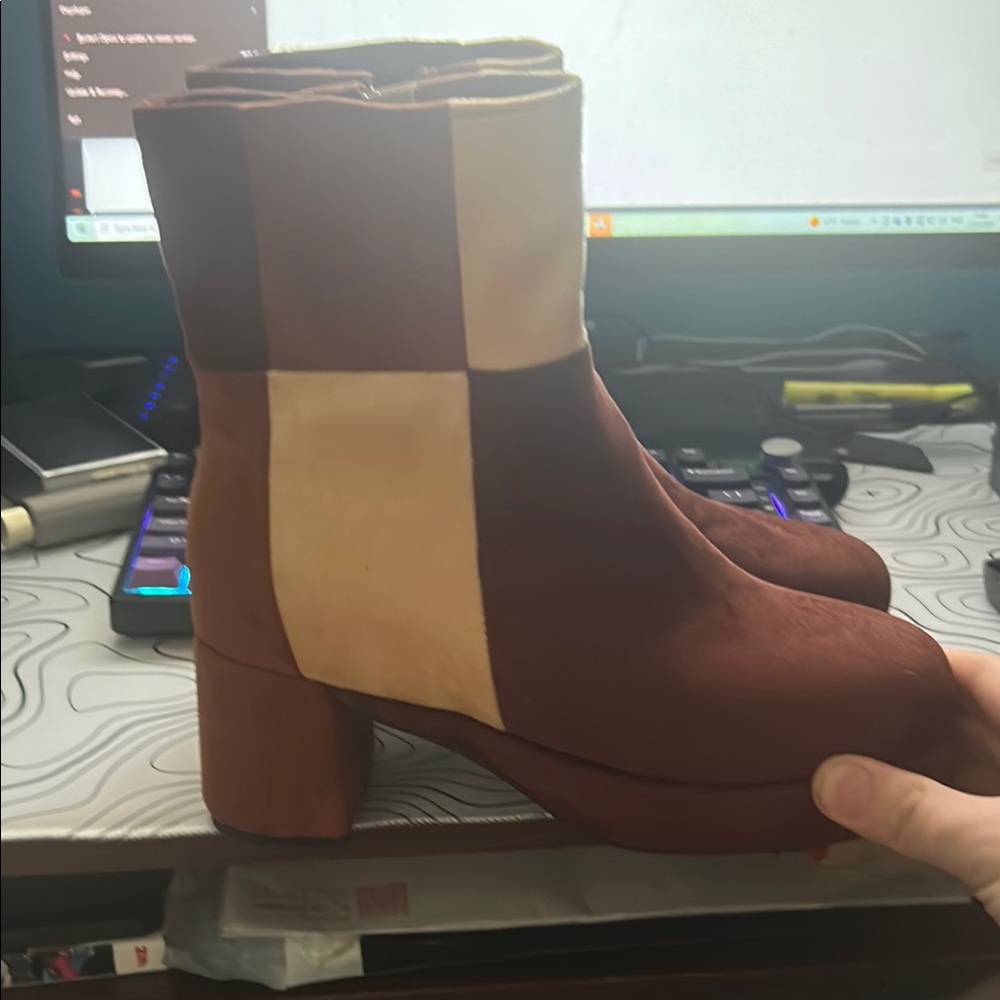 Patchwork Ankle Boots - Brown and Cream